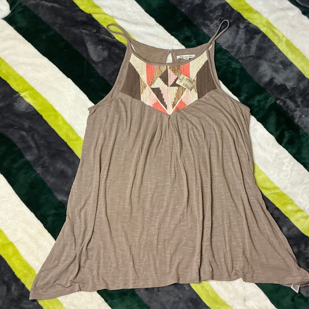 Boho Embroidered Yoke Spaghetti Strap Tank Top - Taupe NWT Size XL